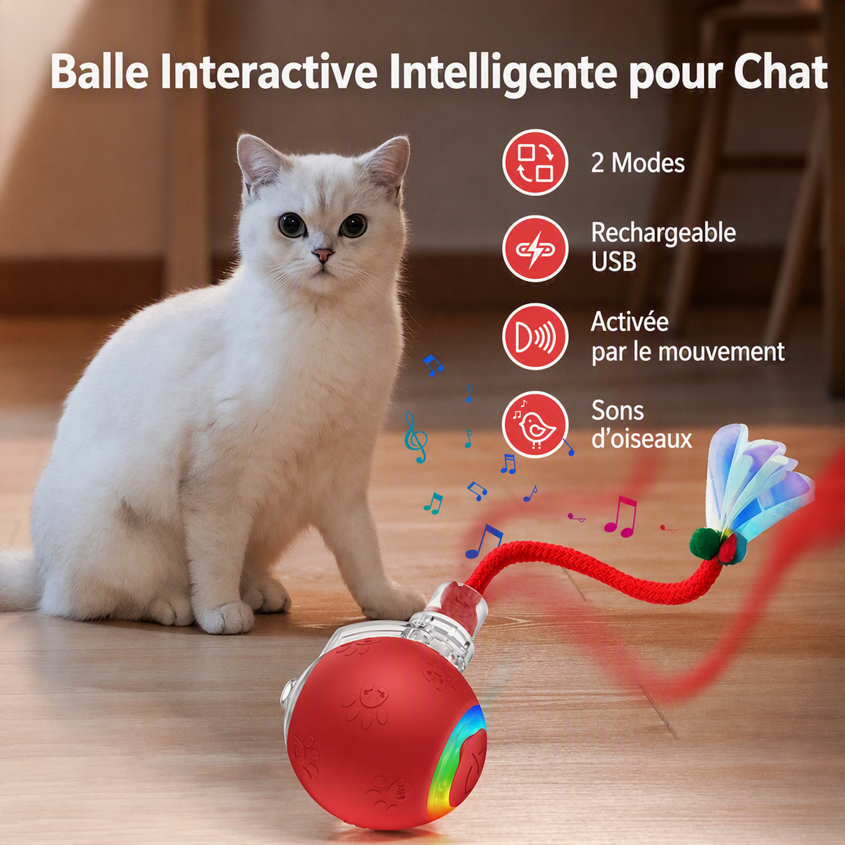 Balle Interactive pour Chat – Rotation Automatique, Rechargeable USB & Son Oiseau
