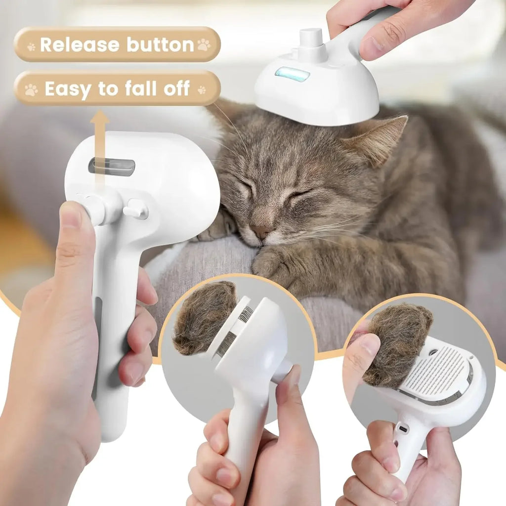 Brosse Électrique 3‑en‑1 pour Chien & Chat – Vapeur Hydratante, Massage & Anti‑Poils