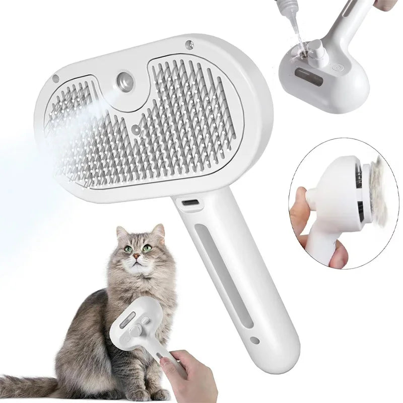 Brosse Électrique 3‑en‑1 pour Chien & Chat – Vapeur Hydratante, Massage & Anti‑Poils