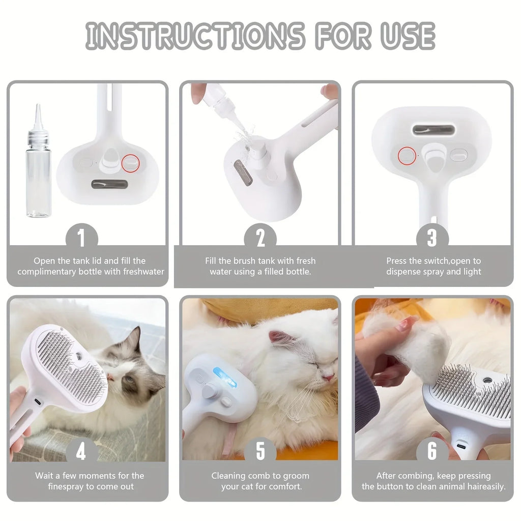 Brosse Électrique 3‑en‑1 pour Chien & Chat – Vapeur Hydratante, Massage & Anti‑Poils